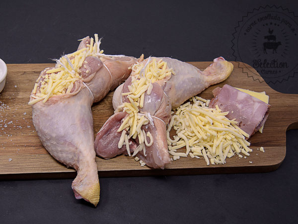 Perna de frango recheada com queijo e bacon